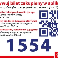 Instrukcja jak kupić bilet online: wpisz numer pojazdu lub zeskanuj kod QR. Widoczny kod QR i numer 1554.