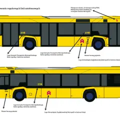 Żółty autobus z oznaczeniami: logo ZTM, logo operatora PKM, logo Górnośląsko-Zagłębiowskiej Metropolii i numer boczny pojazdu.