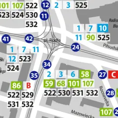 Mapa komunikacji miejskiej w Szczecinie. Widoczne linie autobusowe, m.in. bus bart-wal Szczecin Gryfice, z numerami przystanków i tras.