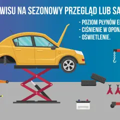 Żółty samochód na podnośniku, przygotowany do przeglądu. Obok stoją opony, akumulator i kanistry. Idealny czas na podróż samochodem do serwisu.