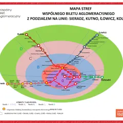Mapa stref wspólnego biletu aglomeracyjnego z podziałem na linie: Sieradz, Kutno, Łowicz, Koluszki. Sprawdź, gdzie kupić mpk łódź bilety.
