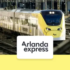 Żółto-biały pociąg Arlanda Express na torach. Sprawdź arlanda express cena i podróżuj szybko!