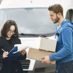 Kurier z paczkami czeka na podpis odbiorcy. Dostawa door to door w toku.
