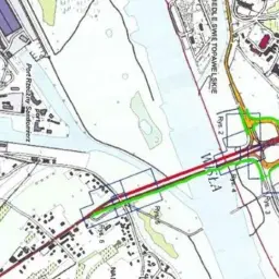 Mapa drogowa Sandomierza z zaznaczoną trasą mostu przez Wisłę i węzłami.