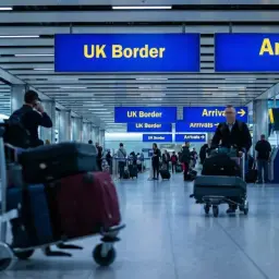 Ludzie z bagażami na lotnisku, znaki "UK Border" i "Arrivals". Po Brexicie można przewieźć do Anglii samolotem wiele rzeczy, ale warto sprawdzić przepisy.