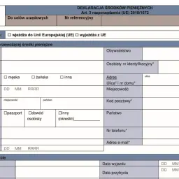 Formularz deklaracji środków pieniężnych, gdzie można wpisać, ile pieniędzy można przewieźć przez granicę.