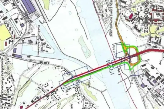 Mapa drogowa Sandomierza z zaznaczoną trasą mostu przez Wisłę i węzłami.