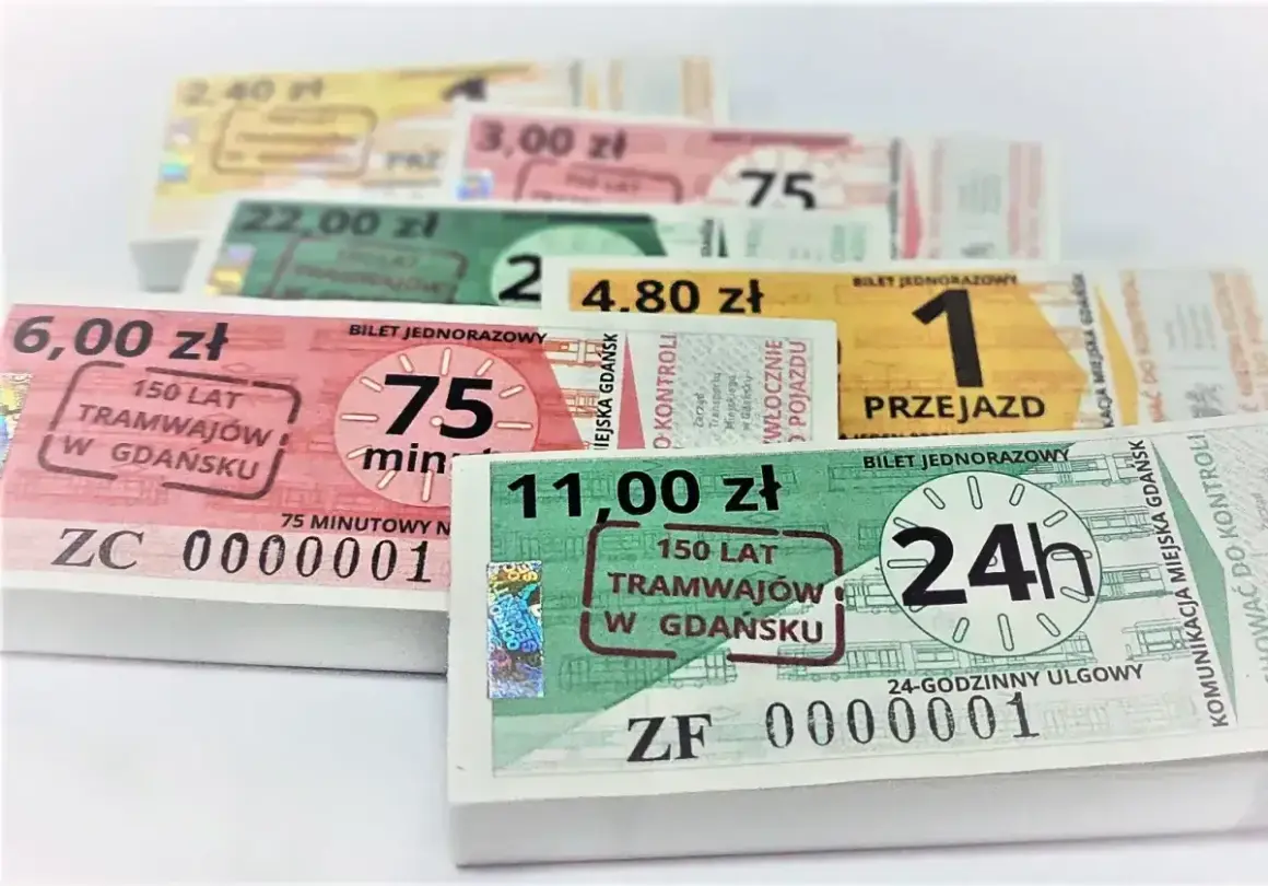Kolekcja biletów komunikacji miejskiej w Gdańsku, w tym bilet 24-godzinny.