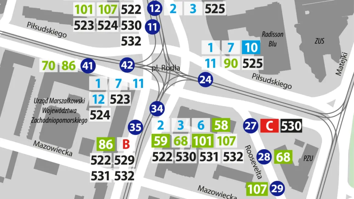 Mapa komunikacji miejskiej w Szczecinie. Widoczne linie autobusowe, m.in. bus bart-wal Szczecin Gryfice, z numerami przystanków i tras.