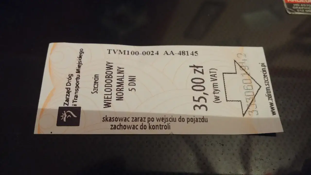 Bilet dobowy Szczecin na 5 dni, normalny, kosztuje 35 zł. Ważny od momentu skasowania.