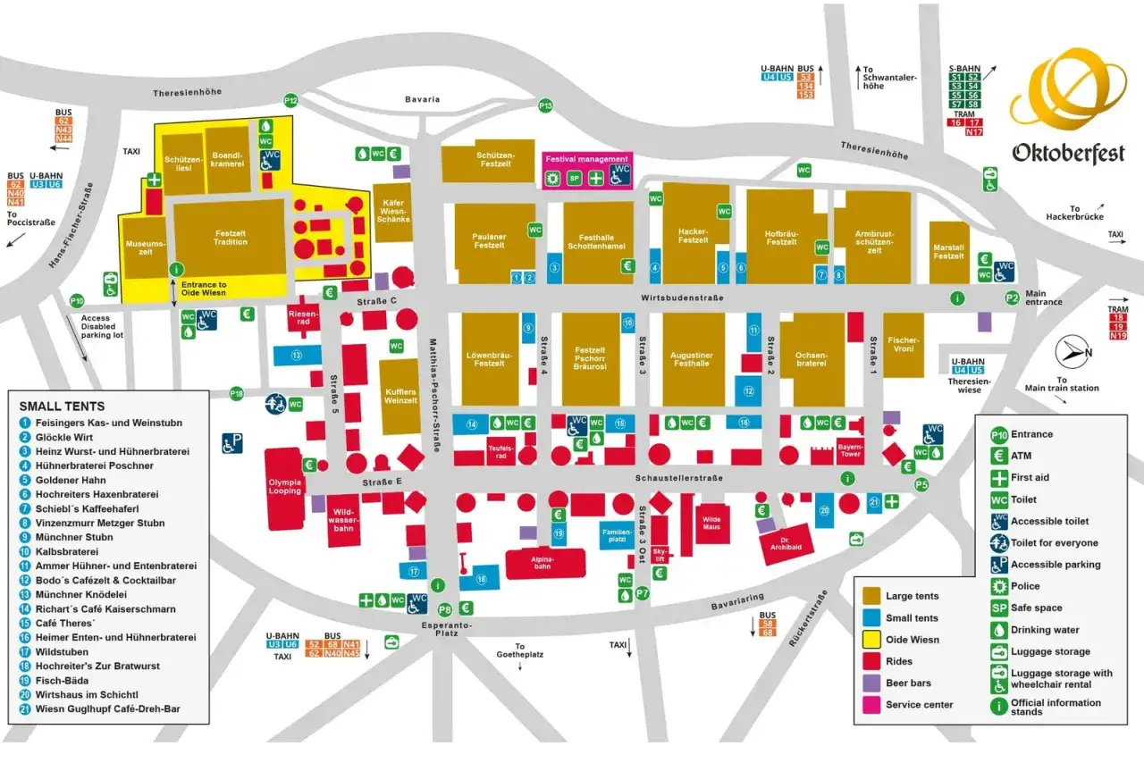 Mapa Oktoberfestu pokazuje, gdzie jest Oktoberfest, z zaznaczonymi namiotami, atrakcjami i wejściami.