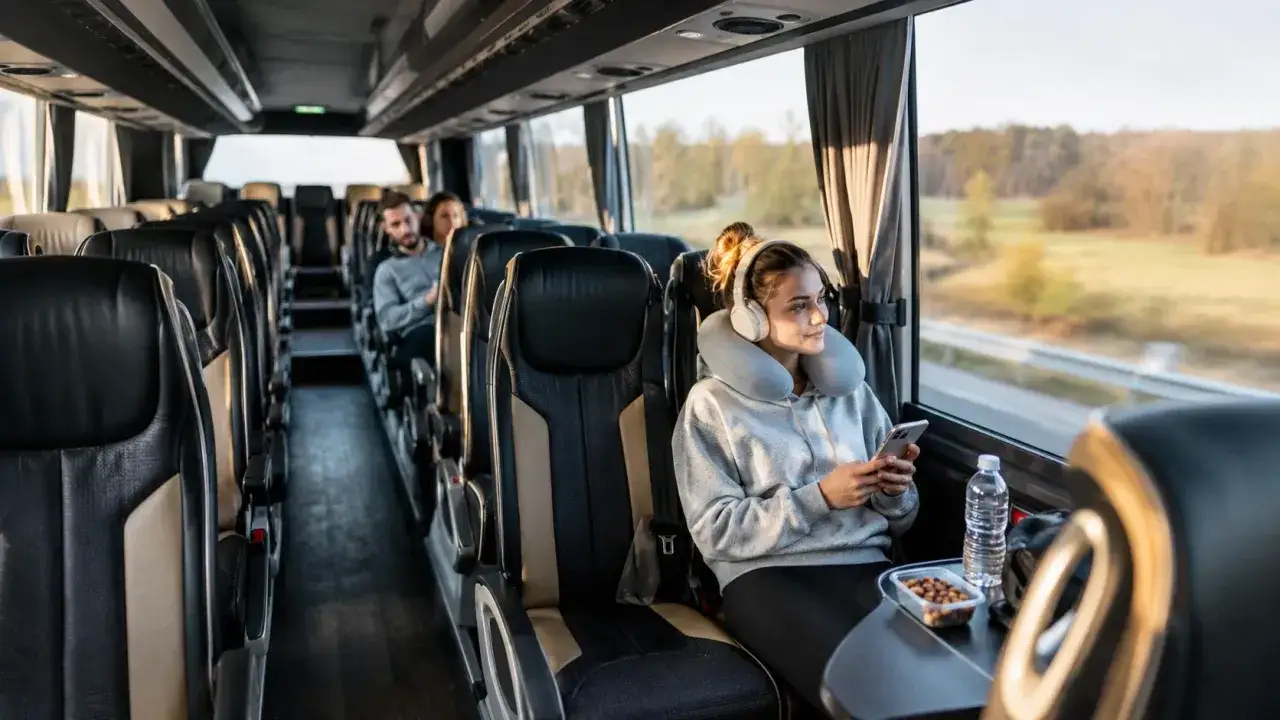 Młoda kobieta w słuchawkach i z poduszką podróżną na szyi korzysta z telefonu podczas podróży autokarem. To wygodny sposób na carpooling.