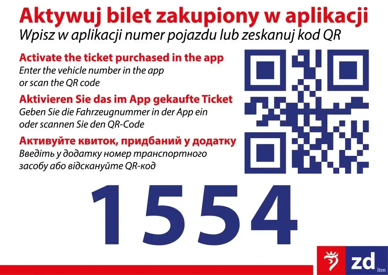 Instrukcja jak kupić bilet online: wpisz numer pojazdu lub zeskanuj kod QR. Widoczny kod QR i numer 1554.