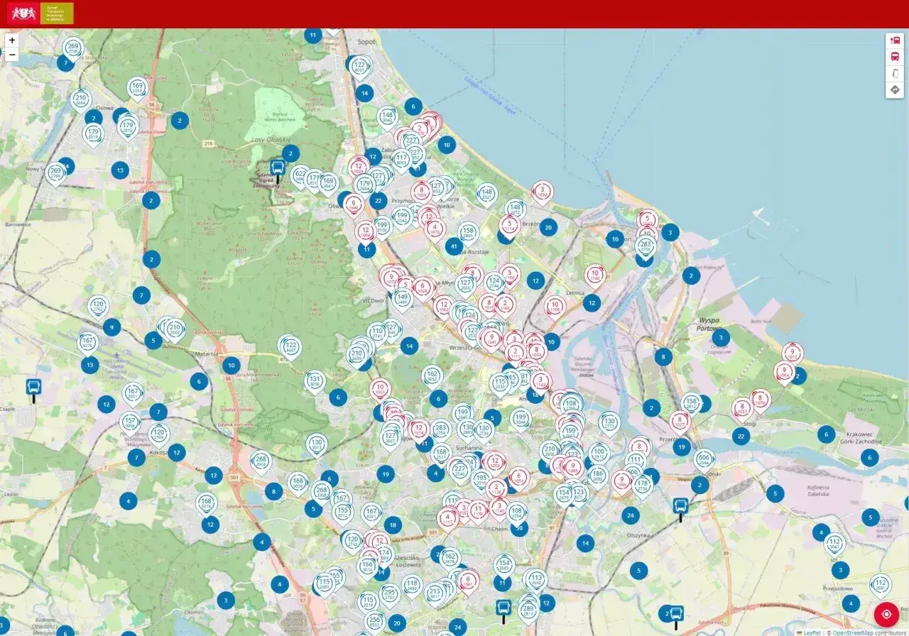 Mapa Gdańska z zaznaczonymi przystankami i trasami, idealna do planowania podróży z biletem 24-godzinnym Gdańsk.