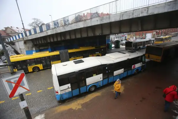 Autobusy miejskie czekają na pasażerów. W tle widać inne pojazdy, tworząc obraz miejskiego carpoolingu.