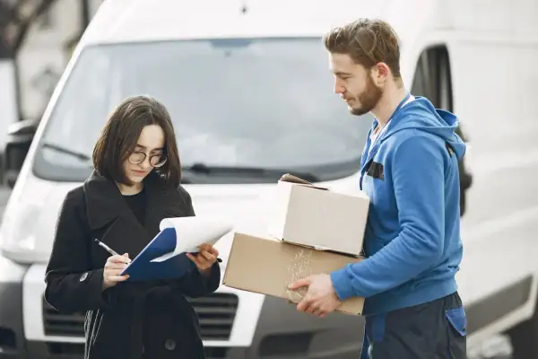 Kurier z paczkami czeka na podpis odbiorcy. Dostawa door to door w toku.